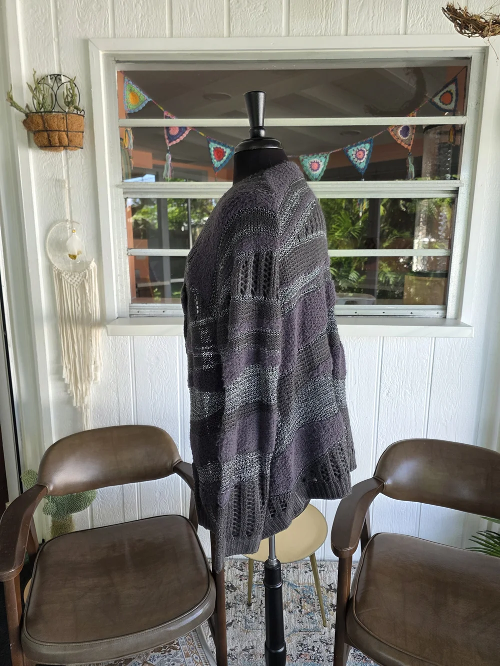 Free People XS Rare Woven Open-Front Textured Knit Cardigan Charcoal Gray